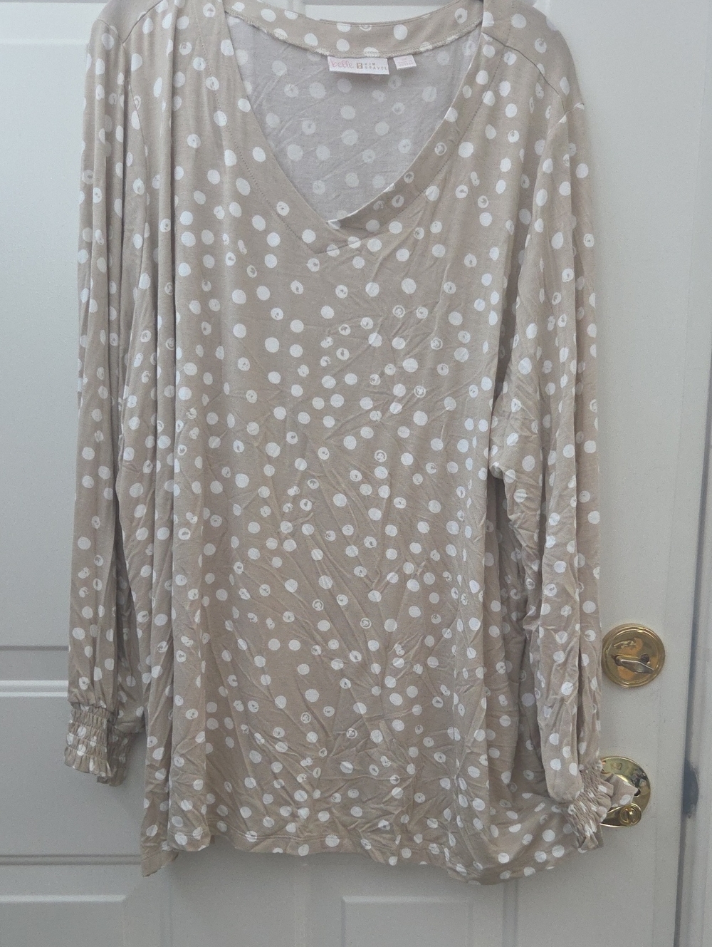 Belle by Kim Gravel Beige Polka Dot V-Neck Blouse